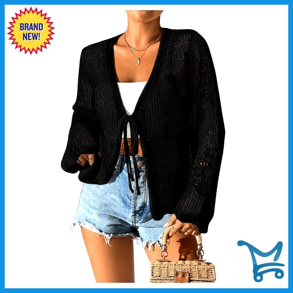 Long Sleeve Crochet Cardigan Sweater Tie Front Lightweight Boho Cover Up